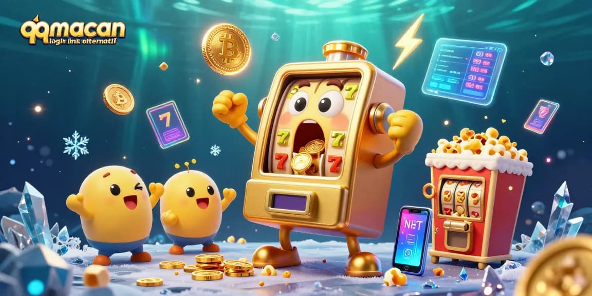 Experience the excitement with qqmacan login link alternatif as slot machines rain coins in this vibrant casino scene.