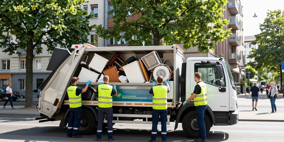 Efficient Sperrmüllabholung 80 Euro Berlin service loading bulky waste into truck in a sunny urban setting.