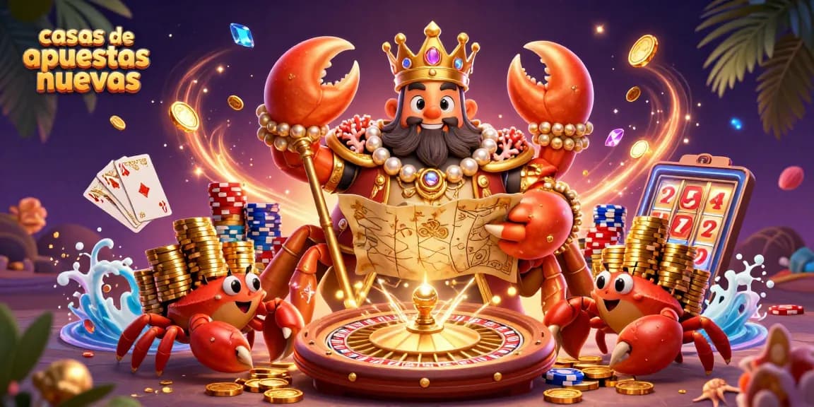 Accede a las casas de apuestas nuevas con esta ilustración de un cangrejo dorado rodeado de monedas y fichas de casino.