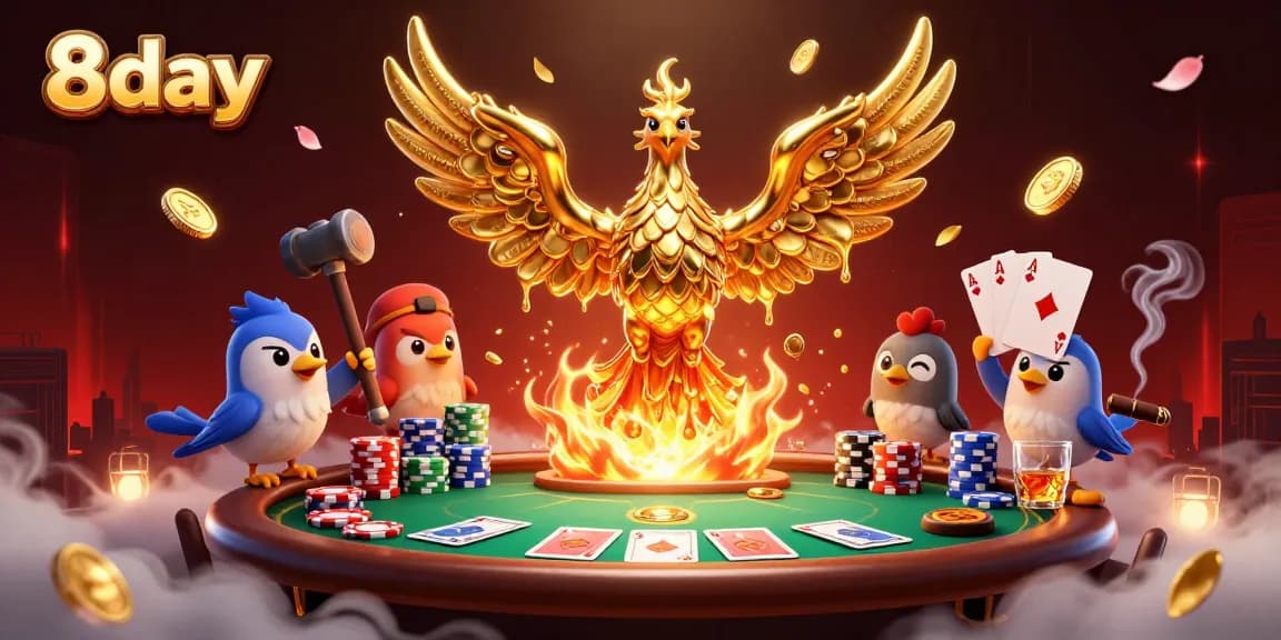 8day players enjoy thrilling casino games surrounded by a molten phoenix, poker chips, and cards.