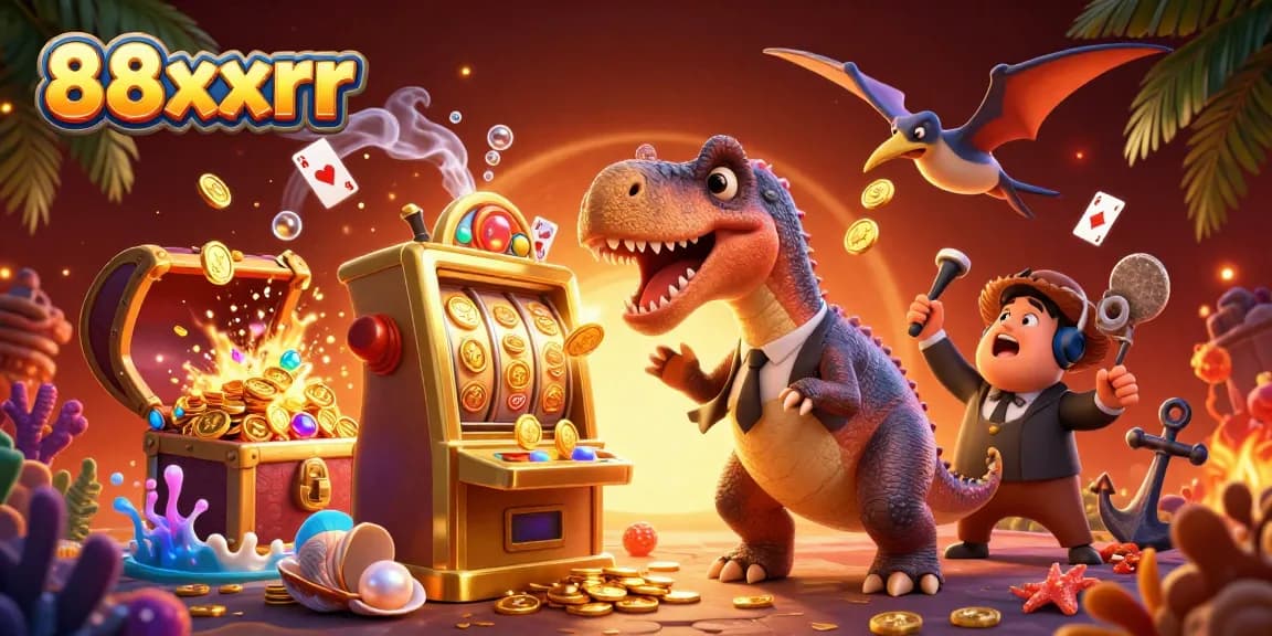 88xxrr cartoon scene of winning at a slot machine with characters celebrating and gold coins flying