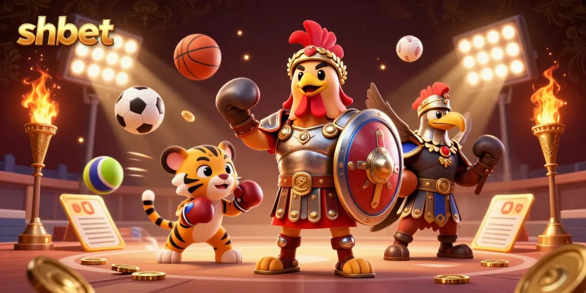 Experience thrilling action at shbet with a gladiator rooster and sports elements in an exciting casino scene.