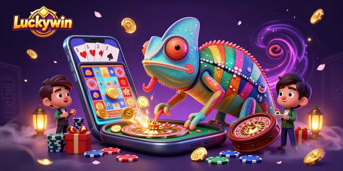 Experience Luckywin's vibrant casino world filled with thrill and excitement through a colorful 3D chameleon owner.