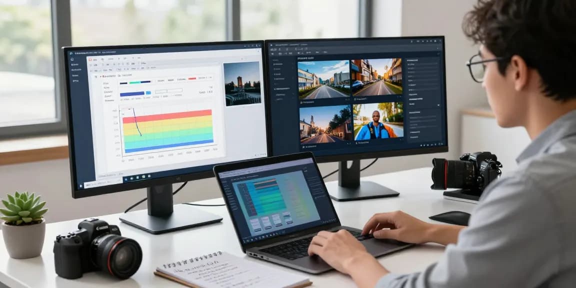 AI detector analysis in a modern tech workspace with dual screens and focused analyst.