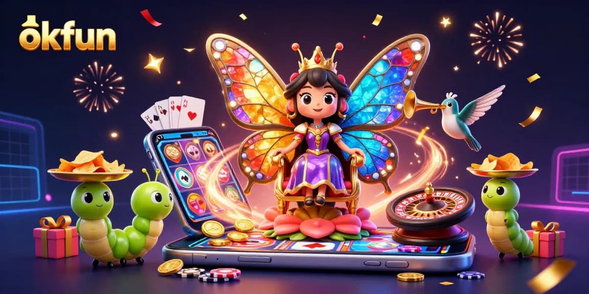 Spin and win at okfun with a lively 3D illustration of a casino scene filled with vibrant characters and games.