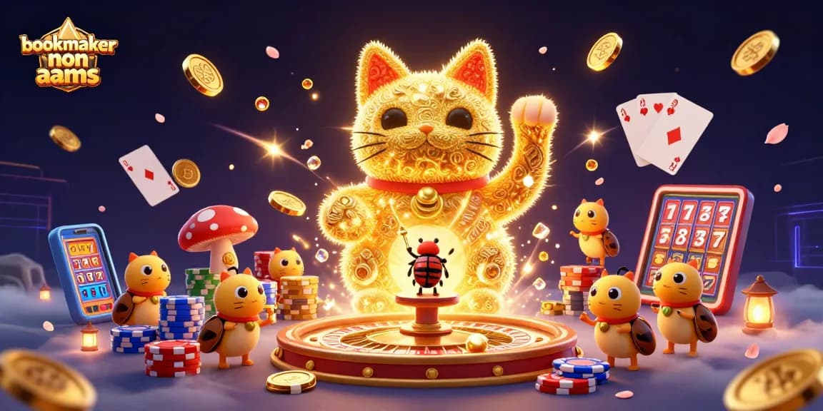 Gioca con i bookmaker non AAMS in un'illustrazione 3D vivace e colorata con gatti fortunati, simboli casinò e monete dorate.