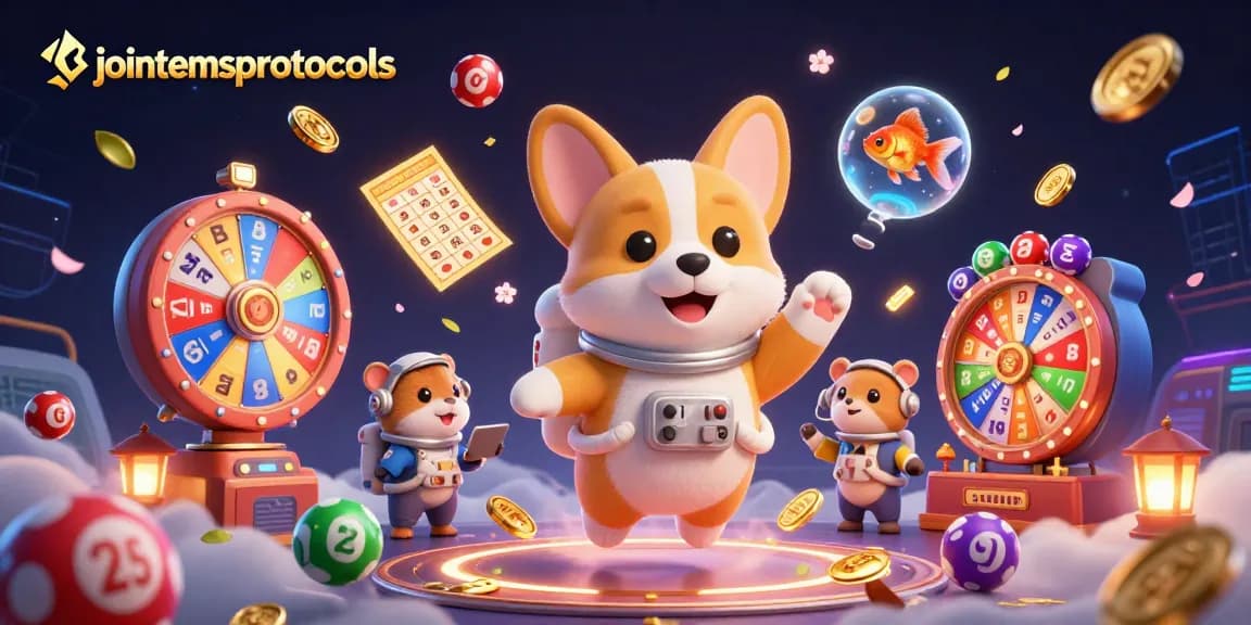 Menggunakan jointemsprotocols, corgi astronaut 3D bermain di kasino luar angkasa dengan lotere dan berbagai elemen permainan