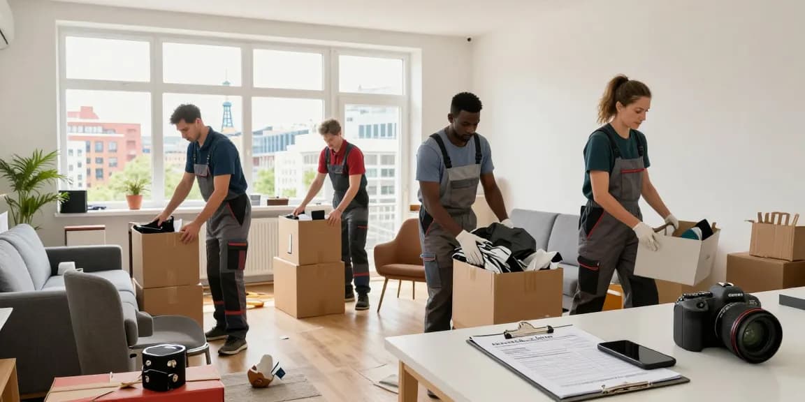 Efficient Wohnungsentrümpelung Berlin service in an urban apartment, team decluttering with natural light.