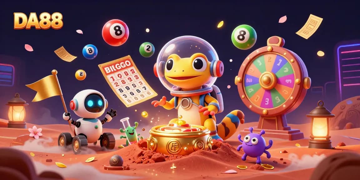 DA88 engaging lottery fun with Martian gecko and cheerful bacteria in a vibrant golden casino.