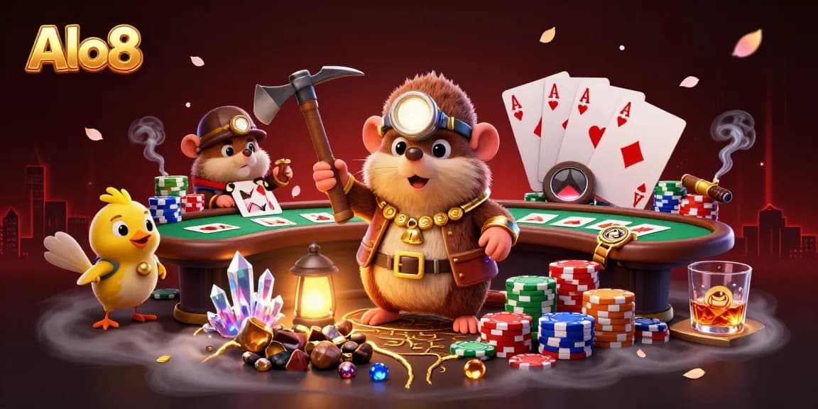 Alo8 captivates with a 3D treasure hunter scene, showcasing vibrant casino elements and dynamic characters.