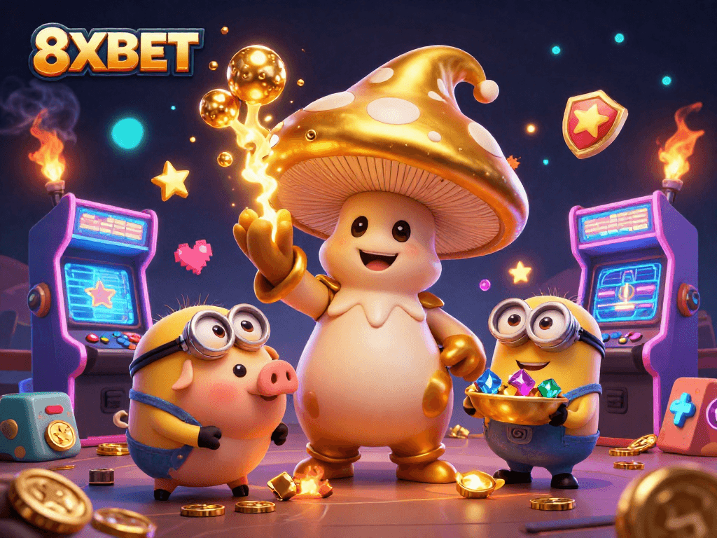 Experience the magic of 8XBET with golden treasures, arcade games, and exciting casino elements.