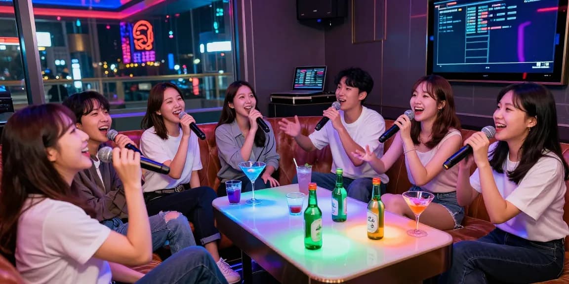 Friends singing joyfully at 강남가라오케, vibrant atmosphere with cocktails and LED lights.