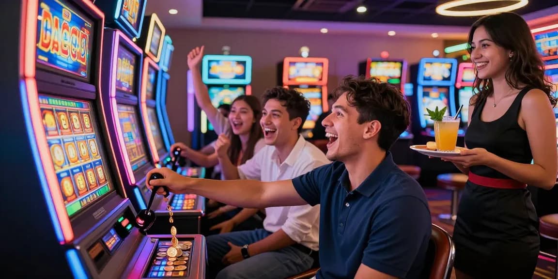 Permainan slot gacor di kasino dengan pemain ceria dan mesin jackpot.