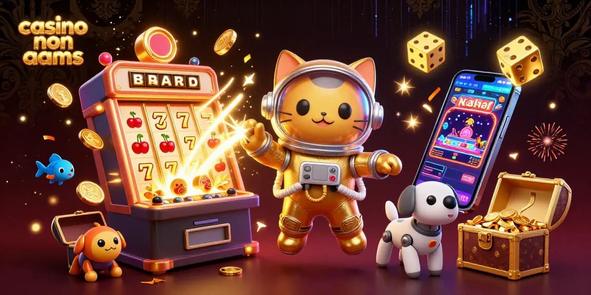 Vivi giochi vivaci al casino non aams mentre un gatto astronauta dei cartoni animati fluttua nel mezzo dell'emozione del jackpot.