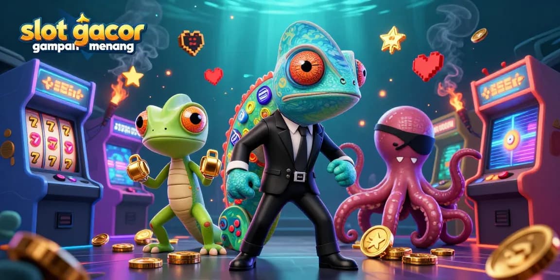 Play thrilling slot gacor gampang menang with dynamic characters and vibrant gaming elements in a captivating 3D scene.