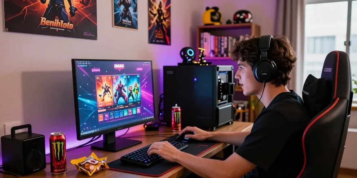 Engaging scene of a person playing benihtoto gacor online game in a cozy gaming setup.