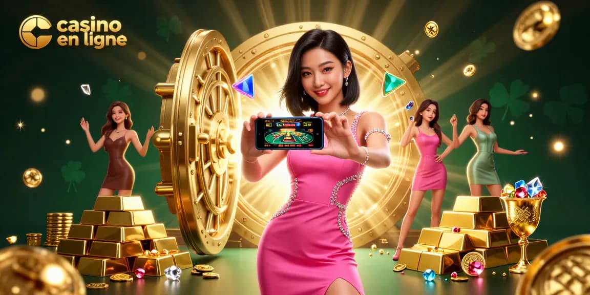 Découvrez des jeux passionnants dans un casino en ligne avec une femme asiatique confiante mettant en avant l'action des croupiers en direct.