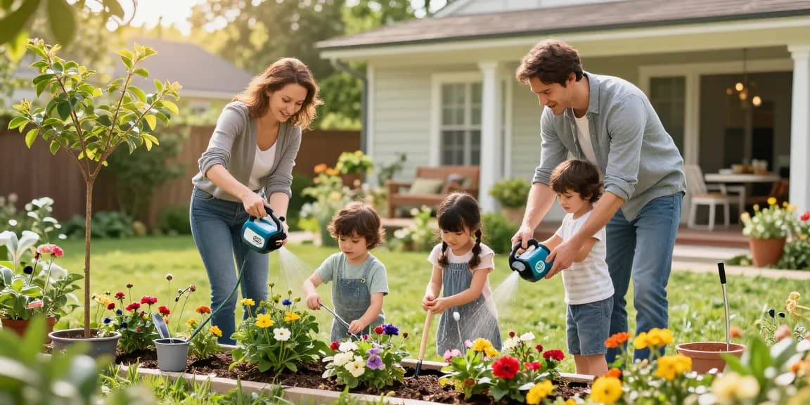 Family enjoying their garden while using the rainpoint sprinkler timer for easy watering.