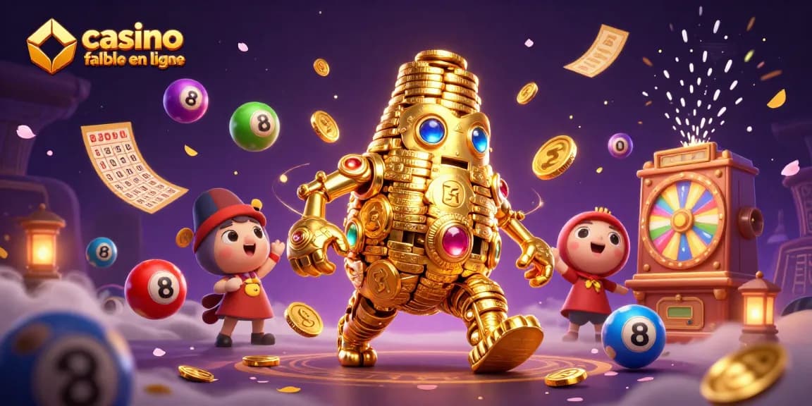 Découvrez casino fiable en ligne avec un golem d'or entouré de loteries et de jeux dynamiques.