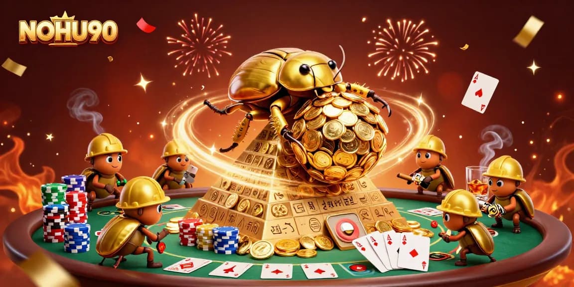 Join the excitement with NOHU90 as golden beetles roll coins in this dynamic casino scene.
