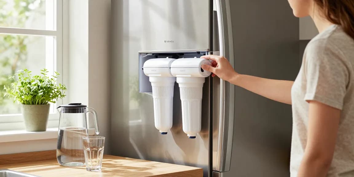 Homeowner installing a Waterdrop 7440000 Filter Replacement for Liebherr® 7440000 in a modern kitchen.