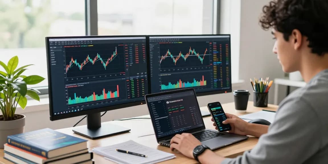 Insightful okx reviews in a dynamic cryptocurrency trading workspace with screens displaying market trends.