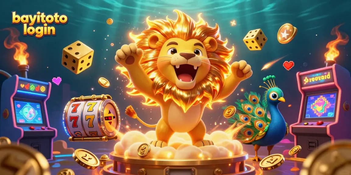 Engage with bayitoto login for the ultimate casino experience featuring dynamic golden dice, slot reels, and vibrant arcade elements.