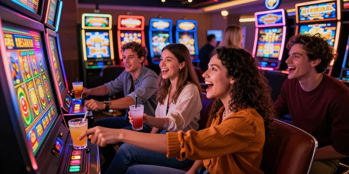 Group enjoying slot machine games in a lively casino atmosphere