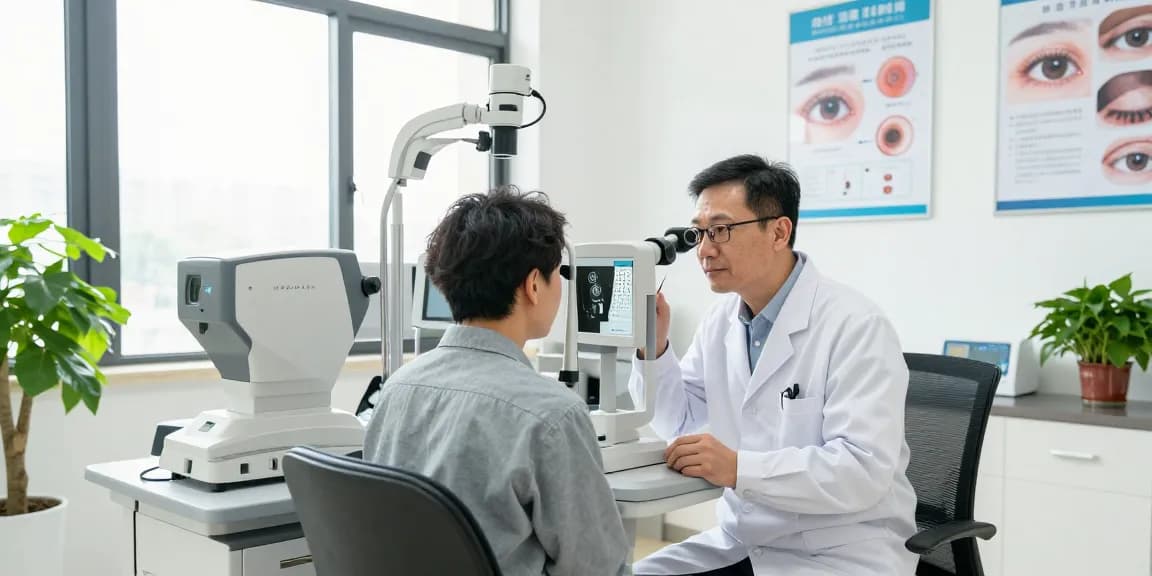 Dr. Tong Man Kit examines a patient’s vision in a modern ophthalmology clinic setting.