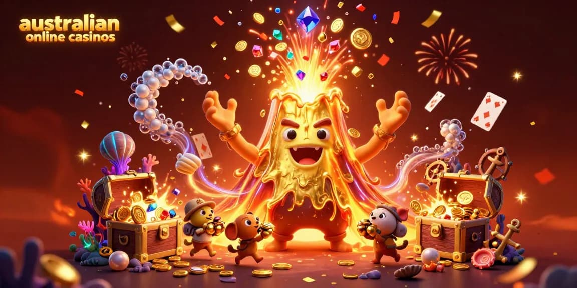 Experience excitement at australian online casinos with a gold volcano erupting treasures amidst vibrant casino game elements.