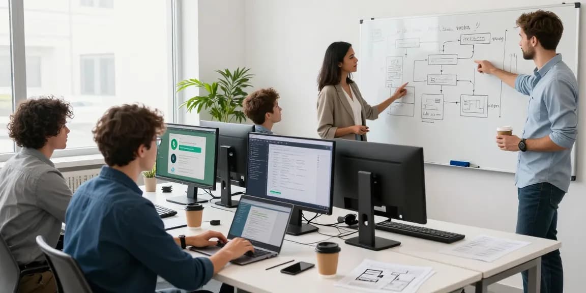 Collaborative workspace showcasing WhatsApp網頁版, professionals engaging in teamwork with laptops and flowcharts.