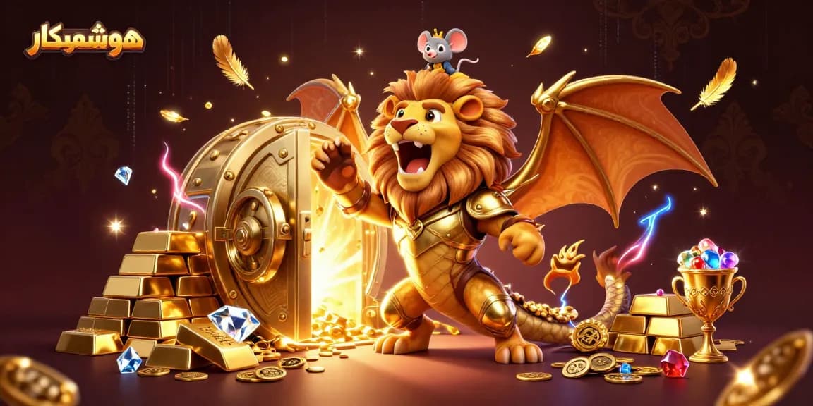 Engage with هوشمندکار's thrilling gaming experience featuring a victorious chimera and treasure-filled scene.