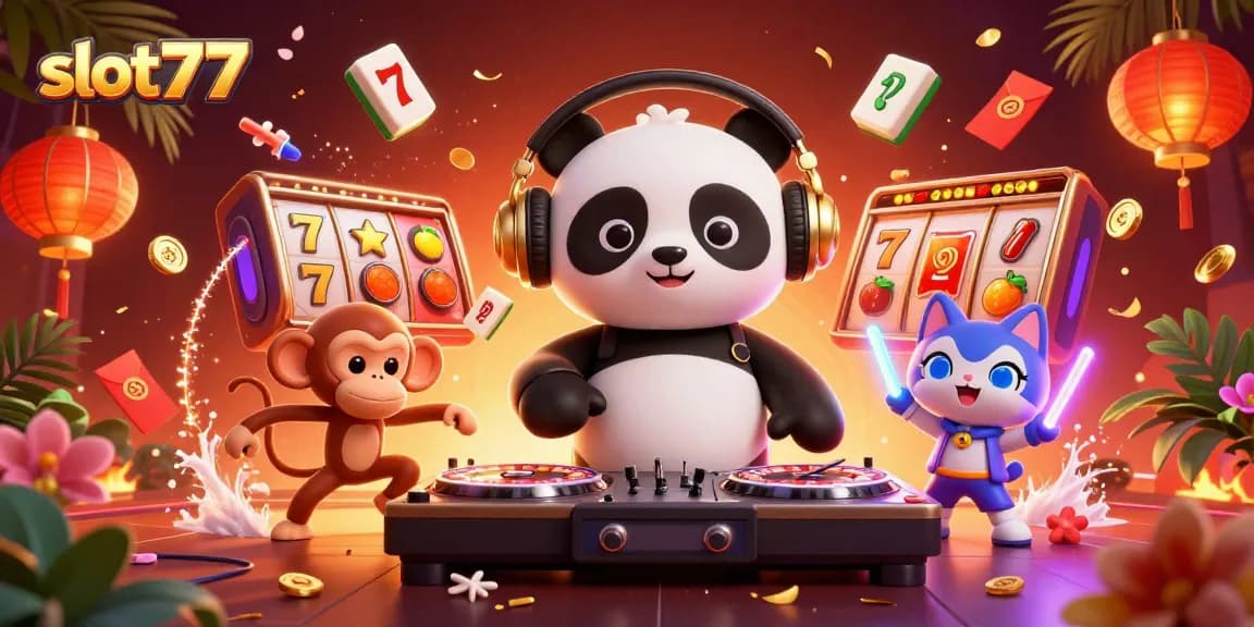 Experience excitement with slot777 as a DJ panda spins luck on colorful slot reels.