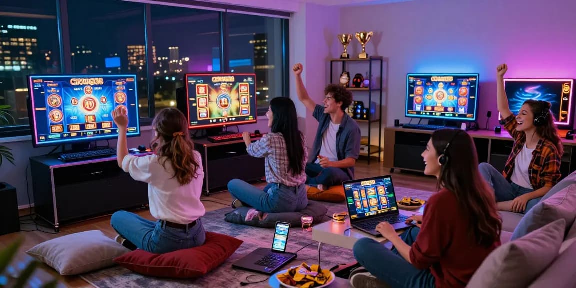 Permainan slot cipung138 yang mengasyikkan di ruangan modern dengan teman-teman.