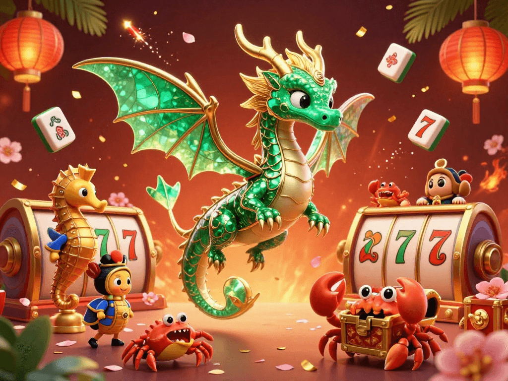 Spin slot pulsa with vibrant colors featuring a sea dragon and treasure trove in a dynamic casino scene.