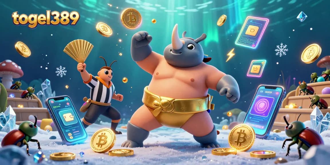 Experience thrilling online gambling with togel389 as a powerful beetle champion stomps gold coins in an exciting scene.