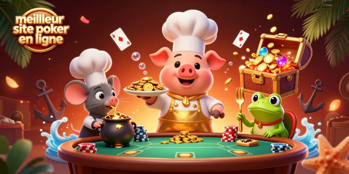 Plongez dans le meilleur site de poker en ligne avec des scènes animées de jeux de cartes et de jetons.