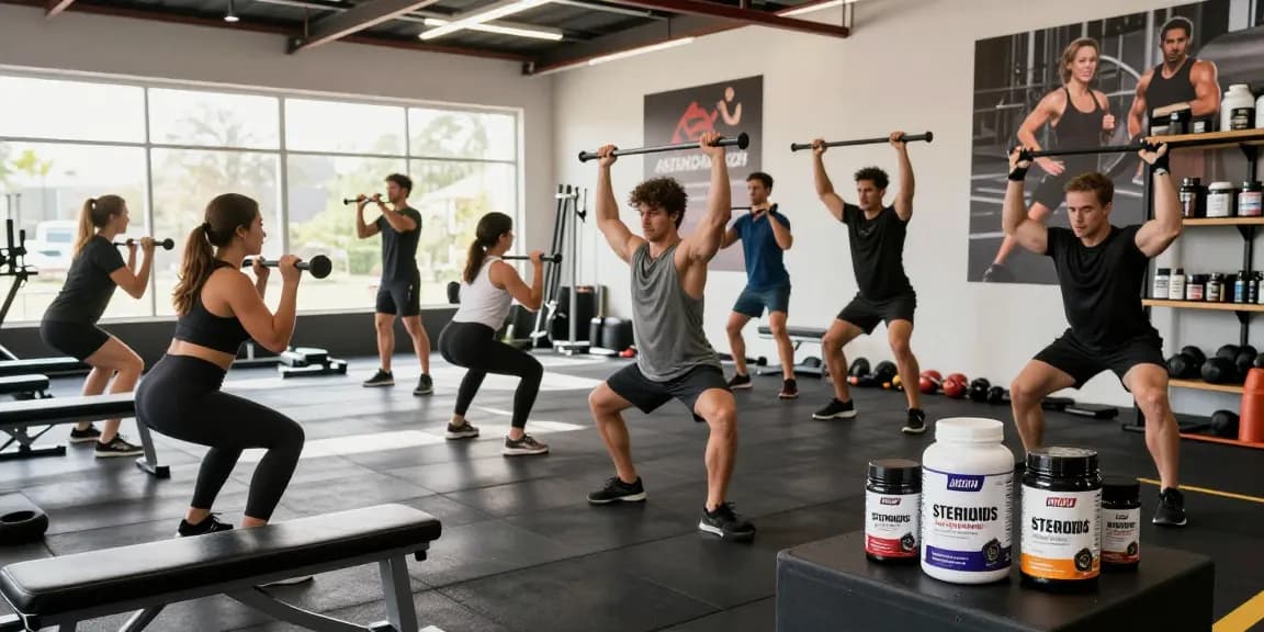 Athletes training in a gym showcasing Astera Steroids Shop products, emphasizing fitness and performance.