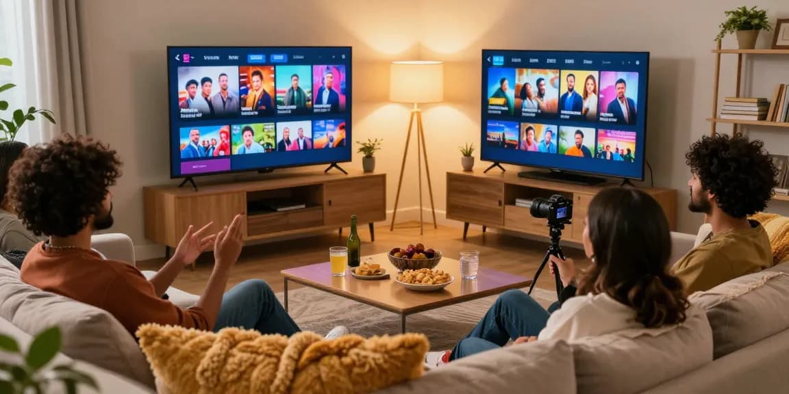 Friends enjoying movies on the best tv series platform bollyu org in a cozy living room