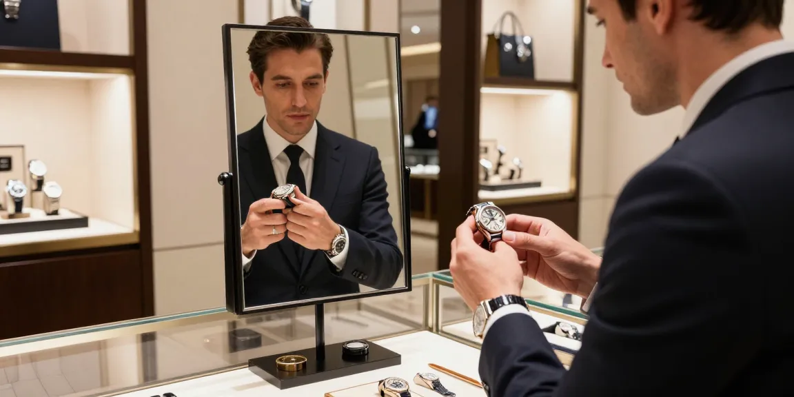 Admiring high-quality replica watches in a luxury boutique setting, showcasing attention to detail and craftsmanship.