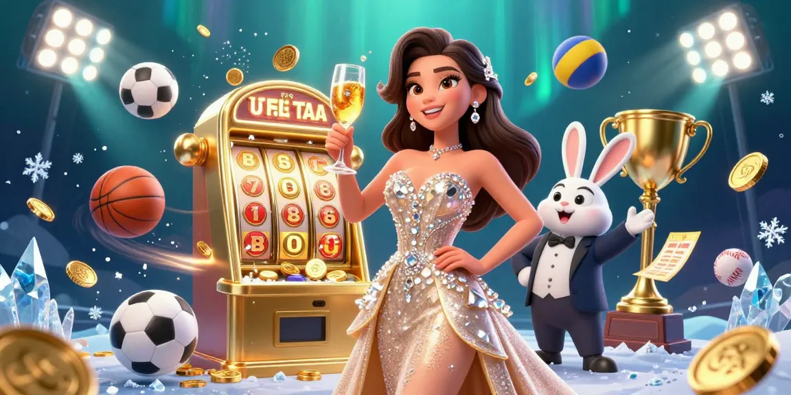 Experience the thrill of winning at UFABET with our dynamic 3D casino illustration featuring exciting gaming elements and a stunning gold gown.