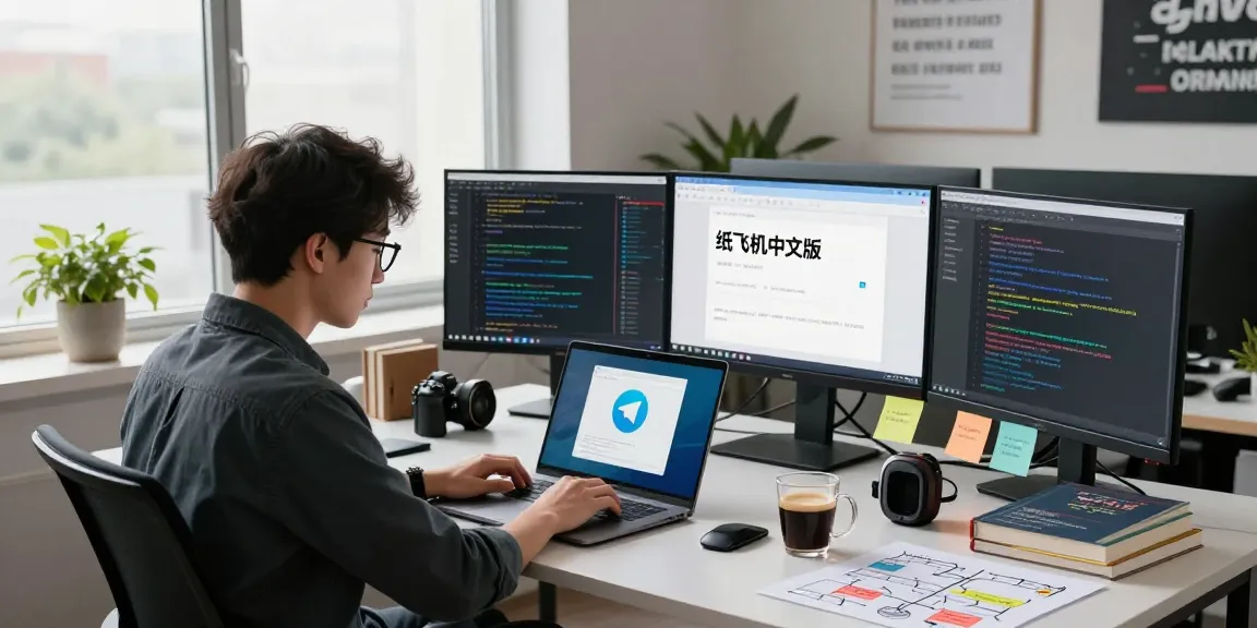 Developer immersed in coding Telegram 纸飞机中文版 on dual screens in a modern workspace.