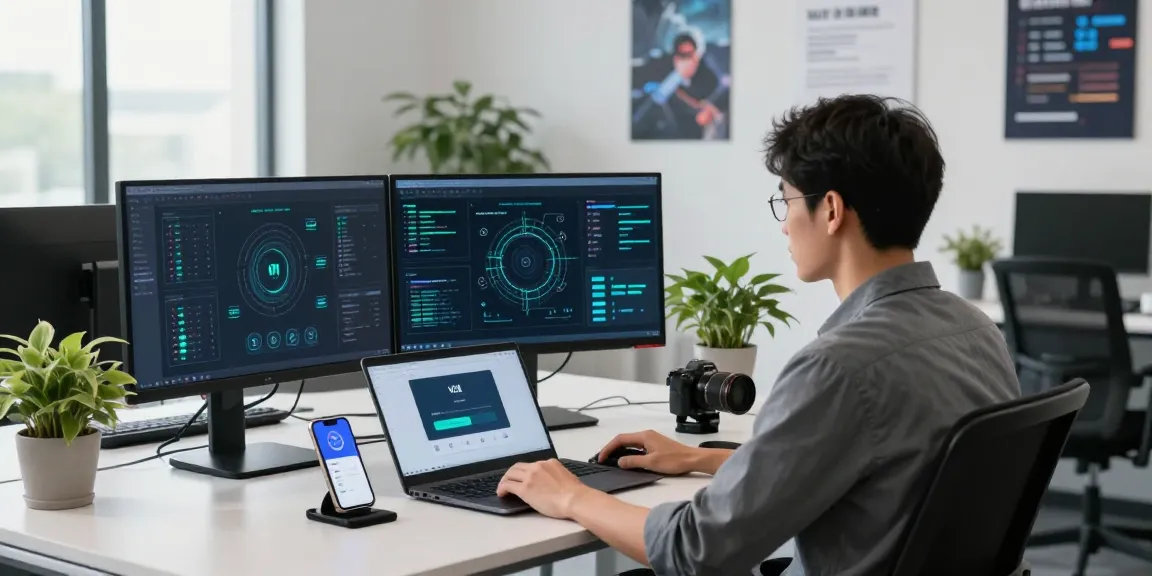 快连用户在现代办公室内高效工作，显示网络连接统计和安全加密，展示VPN界面，营造高科技氛围。
