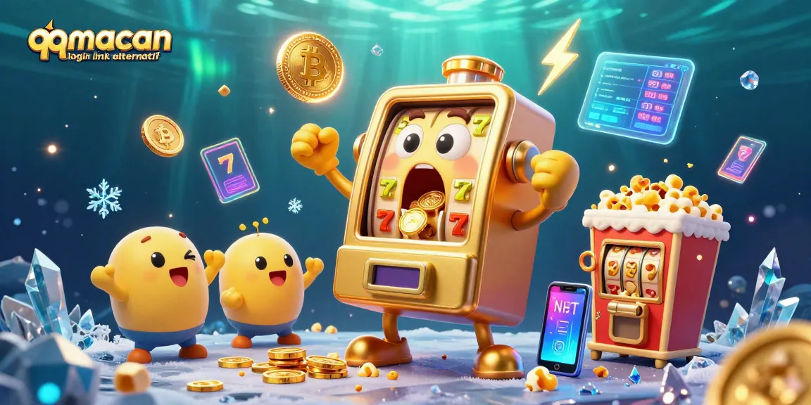 Experience the excitement with qqmacan login link alternatif as slot machines rain coins in this vibrant casino scene.