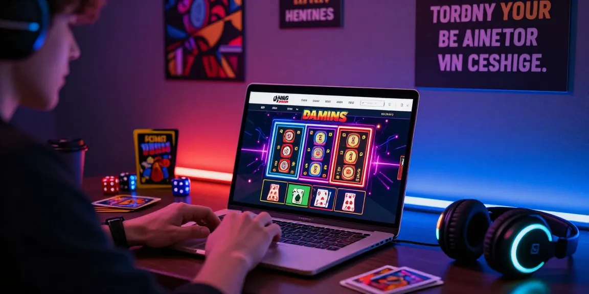 Gamer menggunakan link situs tantegacor88 resmi di laptop dengan suasana yang ceria dan aksesori menarik.