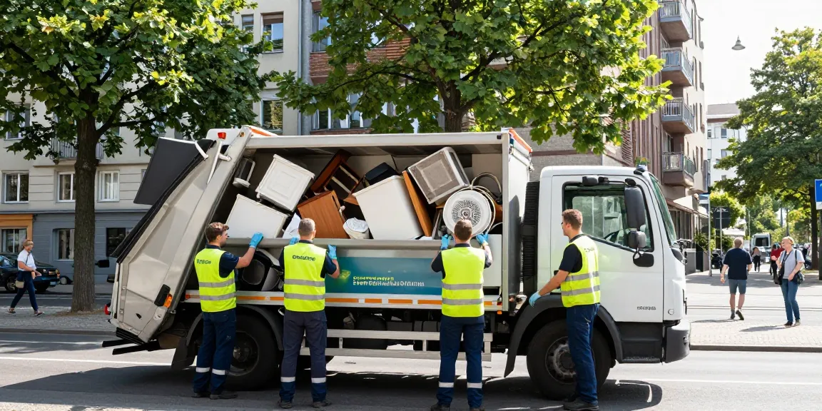 Efficient Sperrmüllabholung 80 Euro Berlin service loading bulky waste into truck in a sunny urban setting.