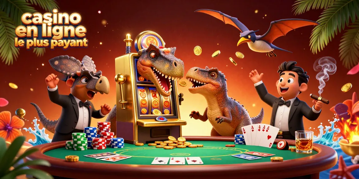 Illustration d'un casino en ligne le plus payant avec des personnages de dinosaures et machines à sous éclatantes.