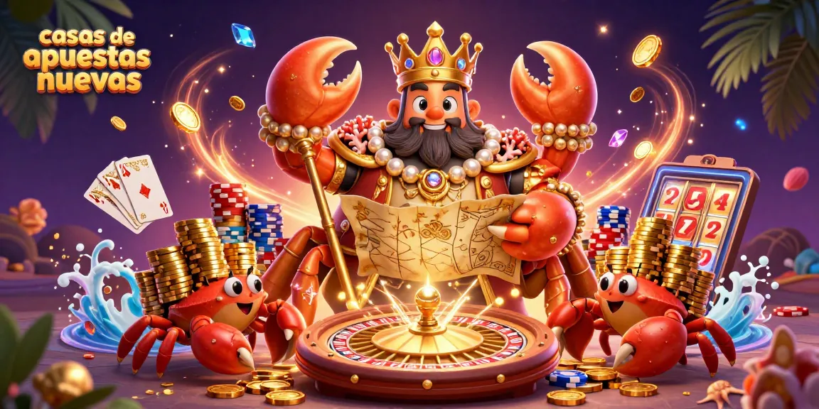 Accede a las casas de apuestas nuevas con esta ilustración de un cangrejo dorado rodeado de monedas y fichas de casino.