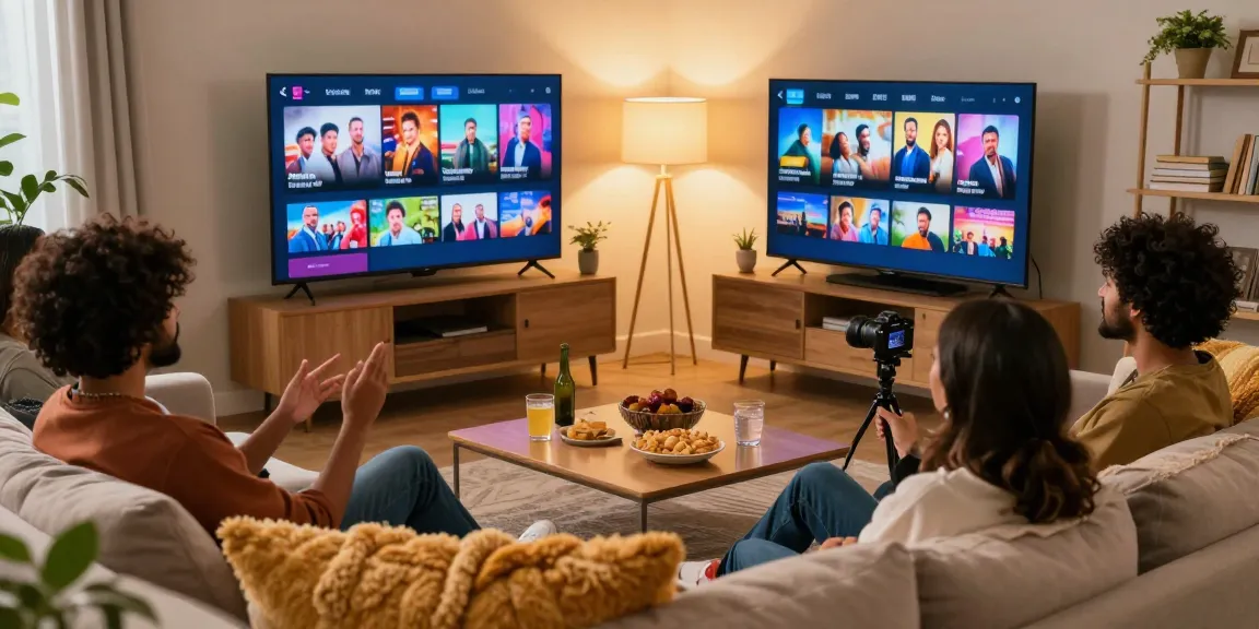 Friends enjoying movies on the best tv series platform bollyu org in a cozy living room