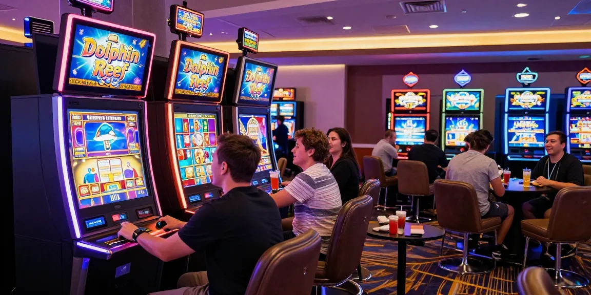 Dolphin Reef themed slot machine in a lively casino atmosphere with excited players.